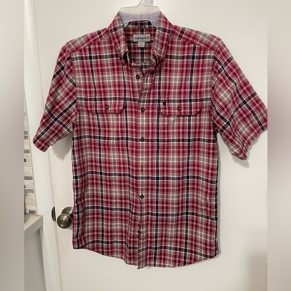 Carhartt button down short sleeve Red gray plaid western casual pocket shirt M